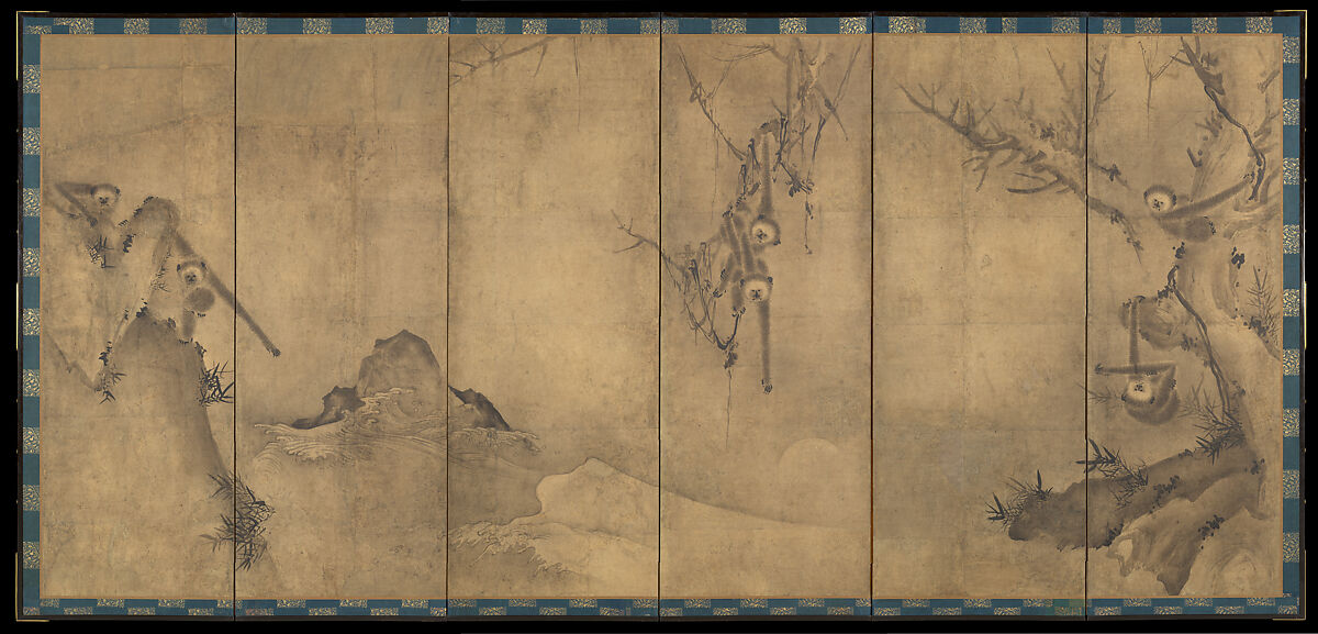Gibbons in a Landscape, Sesson Shūkei 雪村周継, Pair of six-panel screens; ink on paper, Japan