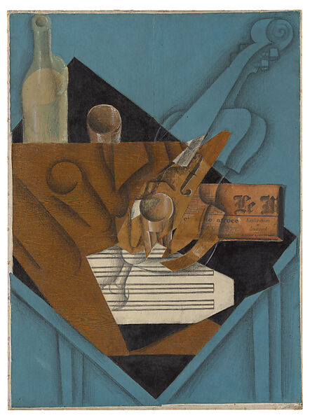 The Musician’s Table, Juan Gris, Conté crayon, wax crayon, gouache, cut-and-pasted printed wallpaper, blue and white laid papers, transparentized paper, newspaper, and brown wrapping paper; selectively varnished on canvas