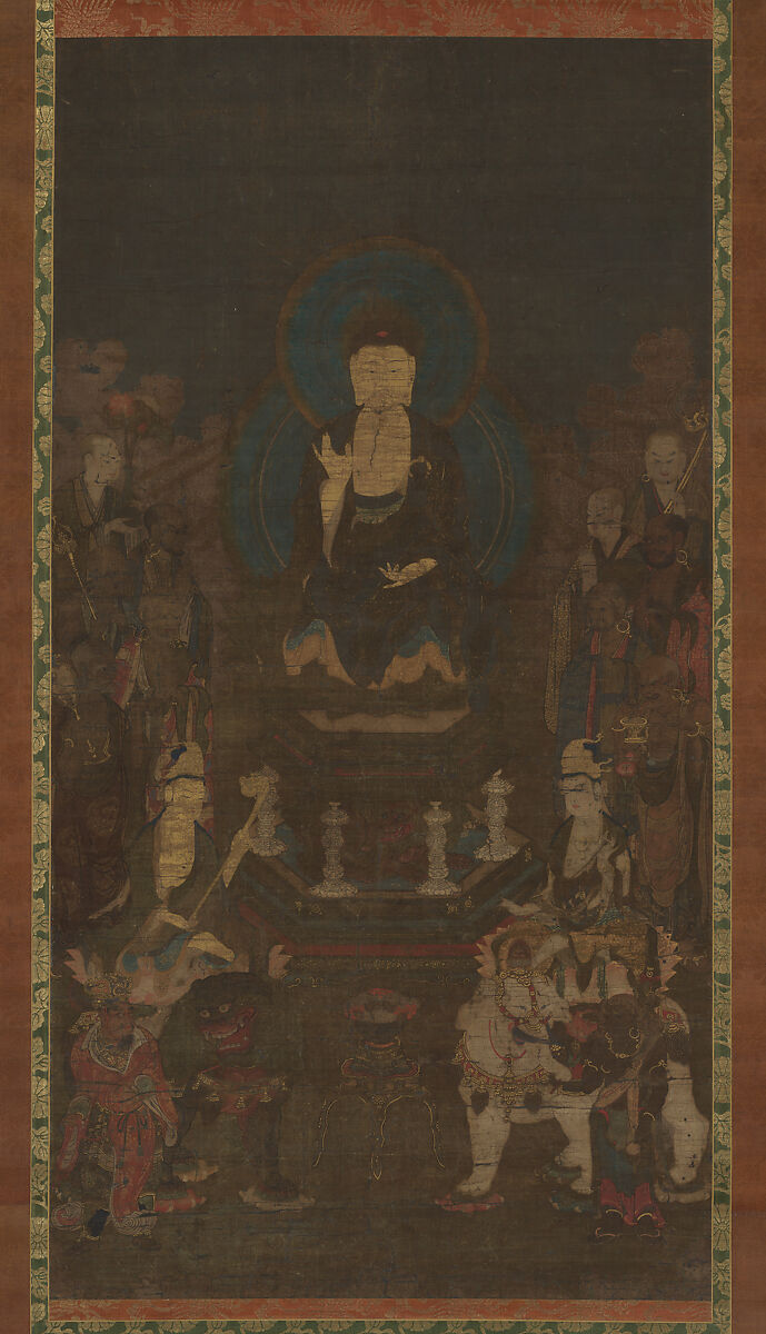 Shaka (Shakyamuni), the Historical Buddha, with Two Attendant Bodhisattvas and the Ten Great Disciples, Hanging scroll; ink, color, and gold on silk, Japan
