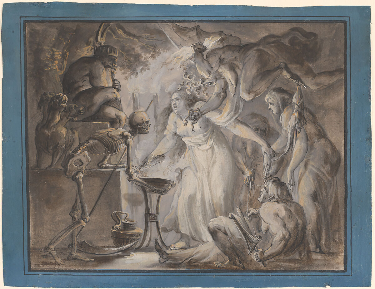 A Nightmare, Giovanni David, Pen and black and gray ink with gray and brown wash, heightened with white and yellow, over black chalk, set within a fictive mount, drawn with a blue wash border and black ink framing lines