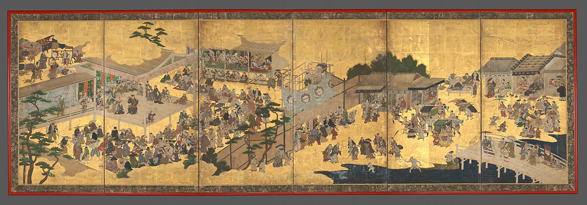 Women’s Kabuki, Kano Takanobu, Six-panel folding screen; ink, color, gold, silver, and gold leaf on paper, Japan