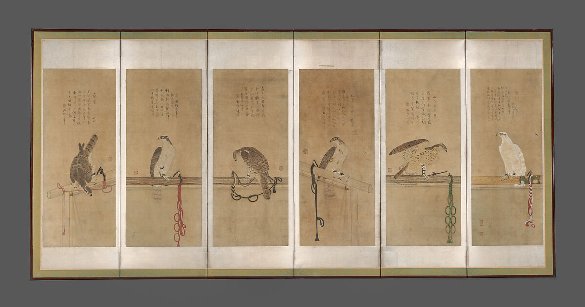 Tethered Hawks, Soga Chokuan, Twelve paintings mounted as a pair of six-panel folding screens; ink and color on paper, Japan