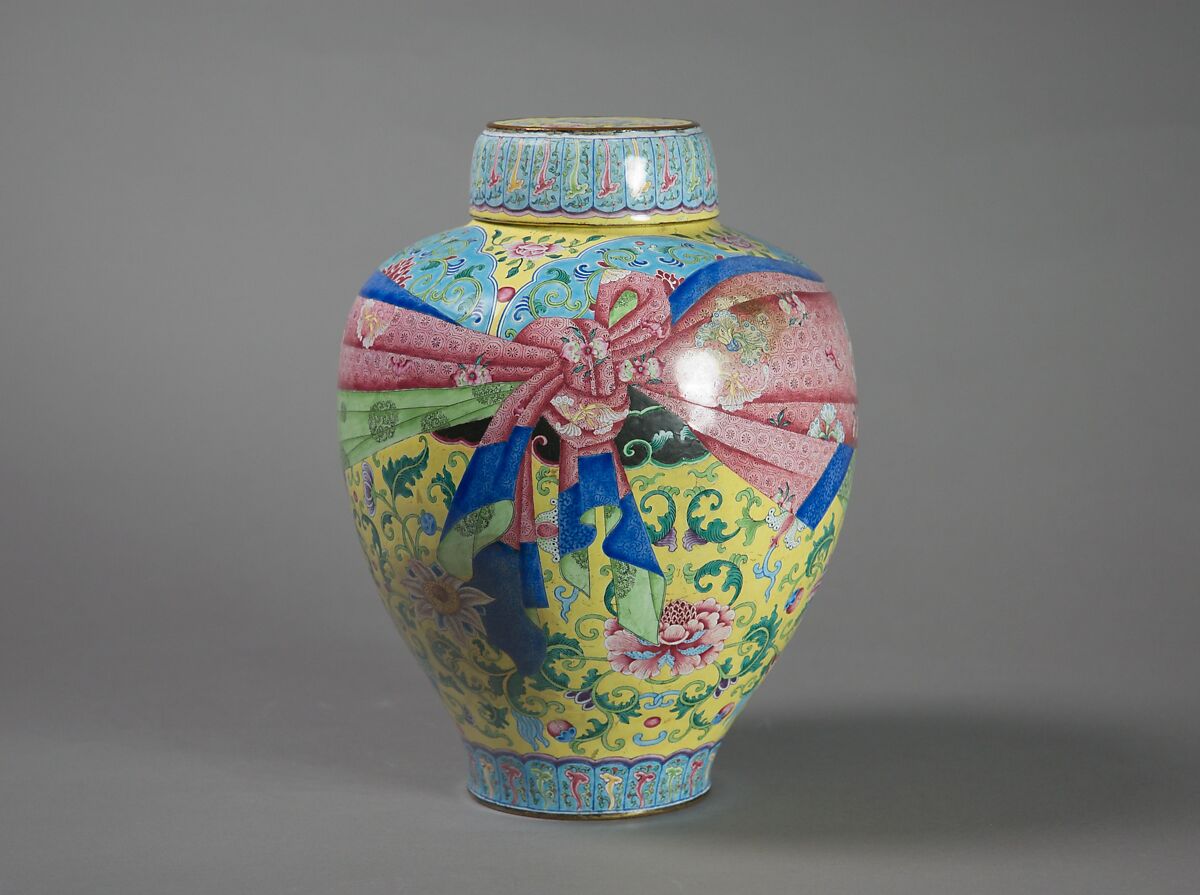 Jar with floral scrolls and wrapped-cloth design (one of a pair), Painted enamel on copper, China