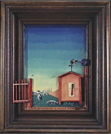 Deux enfants sont menacés par un rossignol (Two Children Are Threatened by a Nightingale), Max Ernst, Oil with painted wood elements and cut-and-pasted printed paper on wood with wood frame