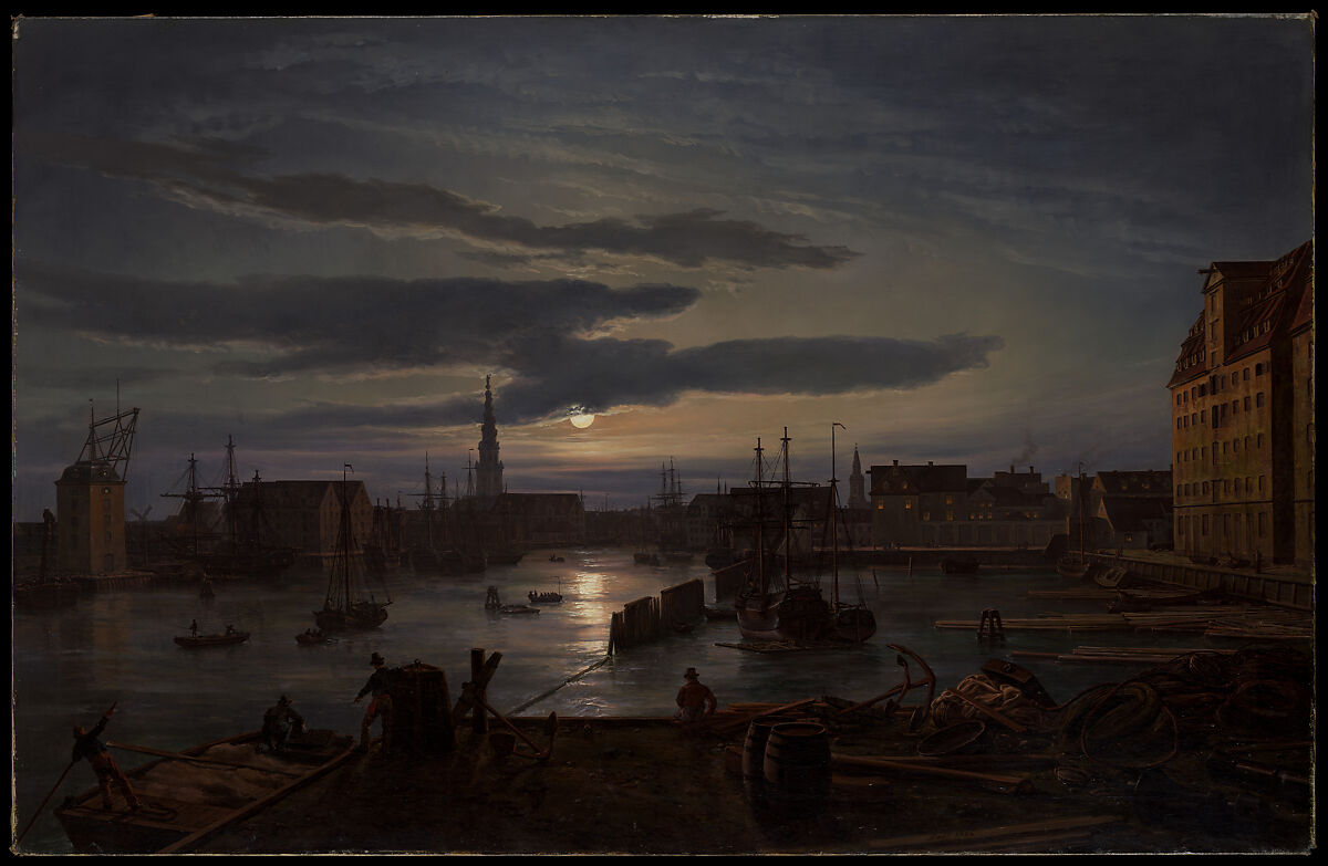 Copenhagen Harbor by Moonlight, Johan Christian Dahl, Oil on canvas