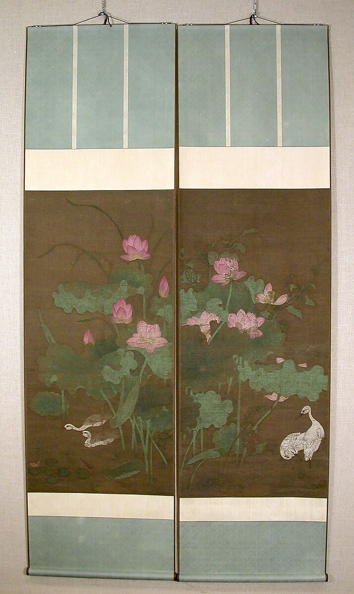 Lotus and waterbirds, Unidentified artist, Pair of hanging scrolls; ink and color on silk, China