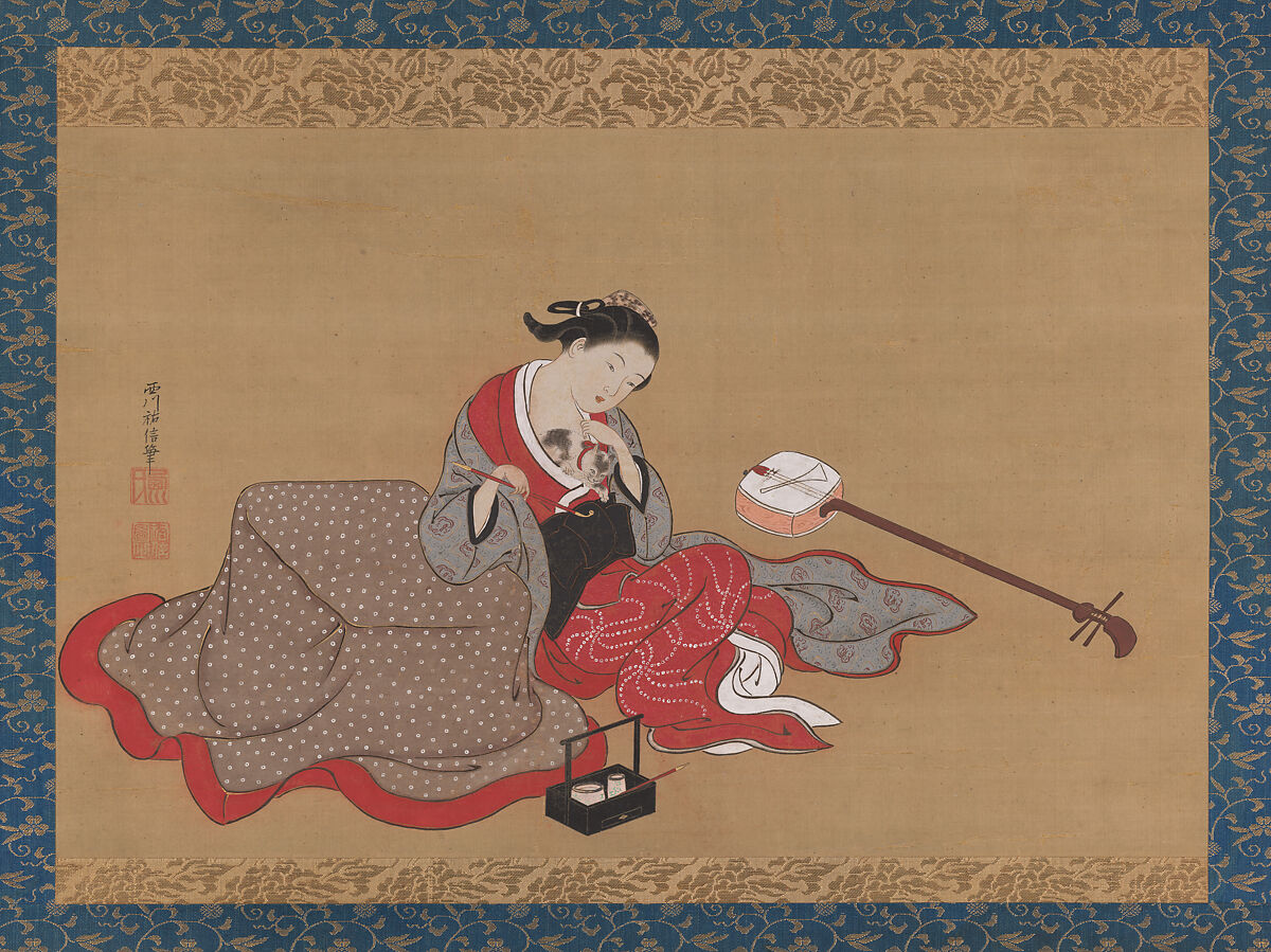 Courtesan with a Kitten, Nishikawa Sukenobu 西川祐信, Hanging scroll; ink, color, and gold on silk, Japan