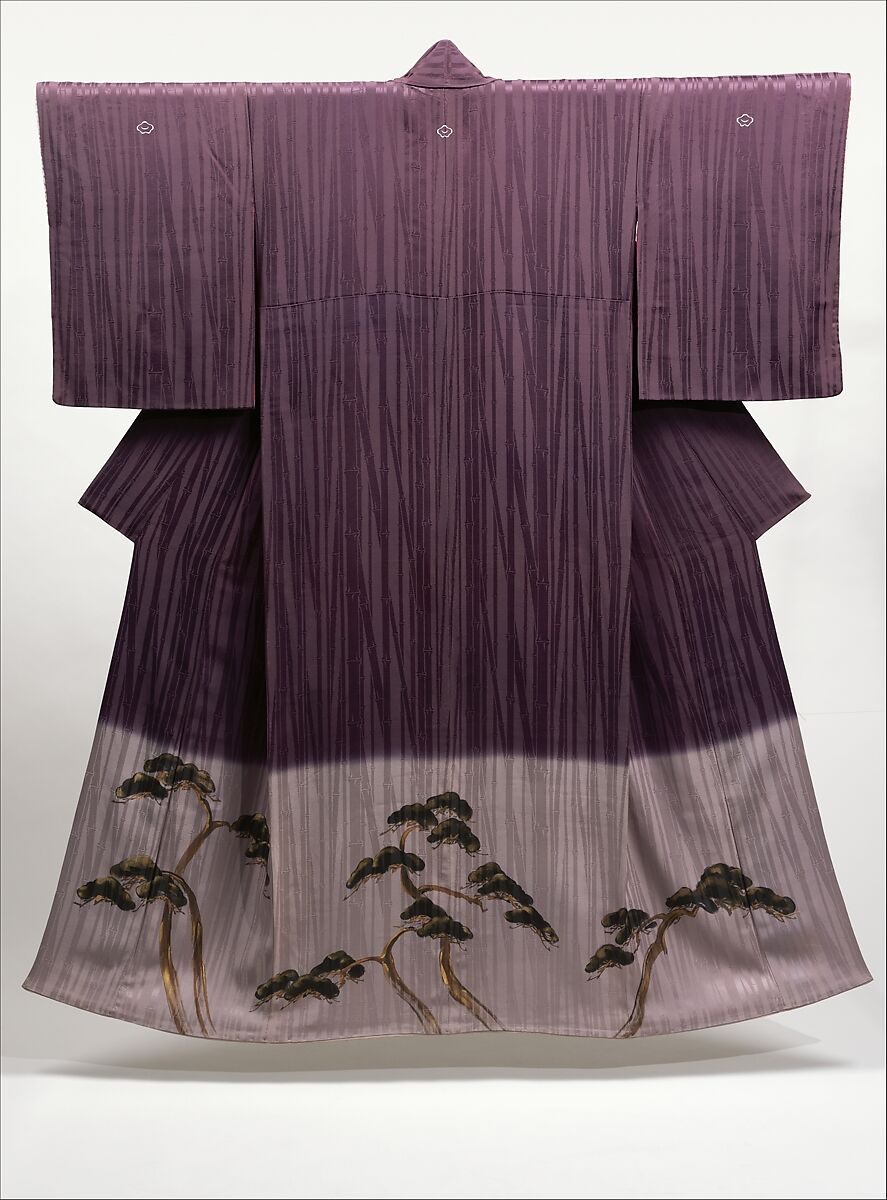 Kimono with Pines, Bamboo, and Plum, Figured satin silk (rinzu) with hand-painted details and silk embroidery, Japan