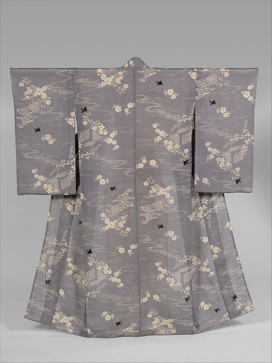 Summer Kimono with Design of Plovers, Waves, Chinese Bellflowers, Pinks, Pines, Carriages, and Fences, Silk gauze; paste-resist dyeing, Japan