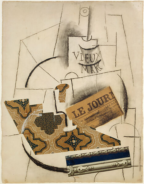 The Bottle of Vieux Marc, Pablo Picasso, Cut-and-pasted printed wallpapers, newspaper, charcoal, gouache, and pins on laid paper