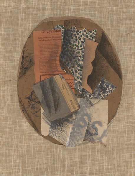 Still Life (Glass and Cigarette Pack), Georges Braque, Cut-and-pasted laid and wove papers, newspaper, printed wallpaper, printed packing, charcoal, graphite, oil paint, and watercolor on paperboard