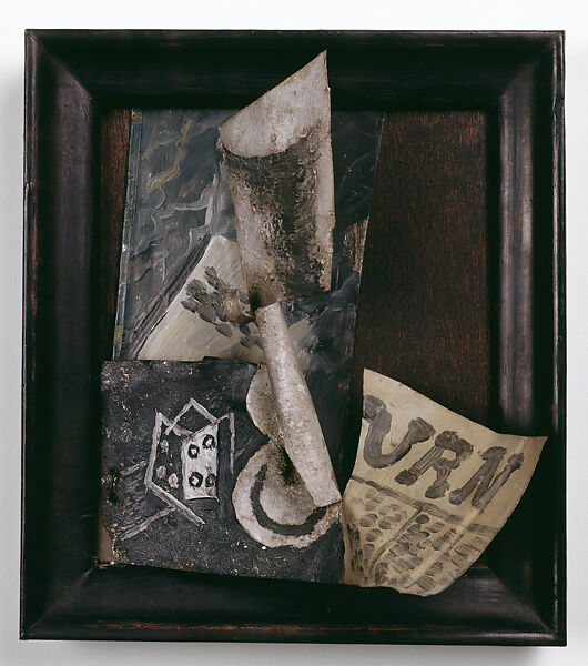 Glass, Newspaper, and Die, Pablo Picasso, Painted relief with tin, sand, iron wire with reconstituted wood background and frame