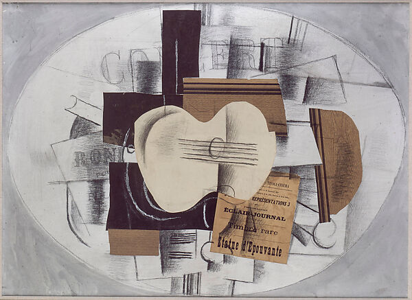 The Guitar: “Statue d’Épouvante”, Georges Braque, Cut-and-pasted laid, wove, and printed papers, printed wallpapers, charcoal, and gouache on canvas