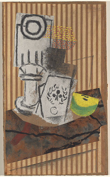 Still Life with a Glass and Ace of Clubs, Pablo Picasso, Pasted printed wallpaper, laid and wove papers, charcoal, graphite, and gouache on paperboard