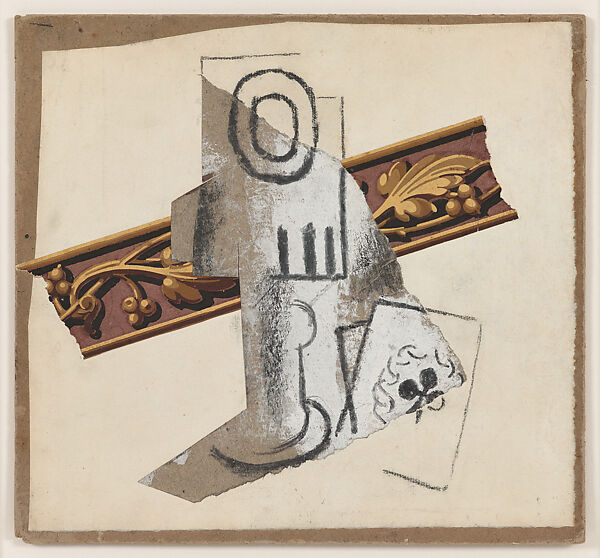 Glass and Card, Pablo Picasso, Gouache, conté crayon, cut-and-pasted printed wallpaper, and wove paper on paper mounted on paperboard