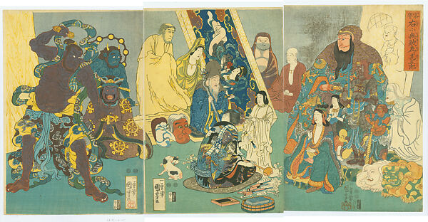 “The Famous, Unrivaled Sculptor Hidari ‘Left-Handed’ Jingorō” (Meiyo: Migi ni teki nashi Hidari Jingorō), Utagawa Kuniyoshi, Triptych of woodblock prints (nishiki-e); ink and color on paper; vertical ōban, Japan