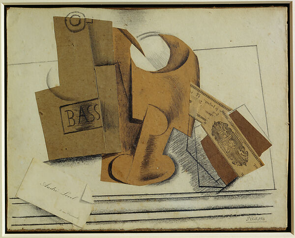 Bottle of Bass and Calling Card, Pablo Picasso, Cut-and-pasted wove and laid papers, printed packaging, and graphite on paper
