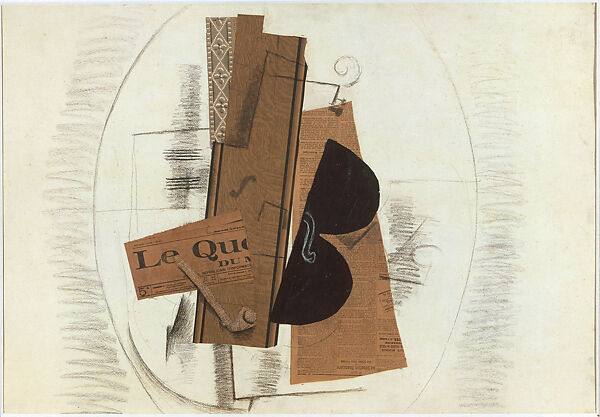 Violin and Pipe, Georges Braque, Cut-and-pasted newspaper and printed wallpapers, charcoal, graphite, and crayon on paper mounted on cardboard