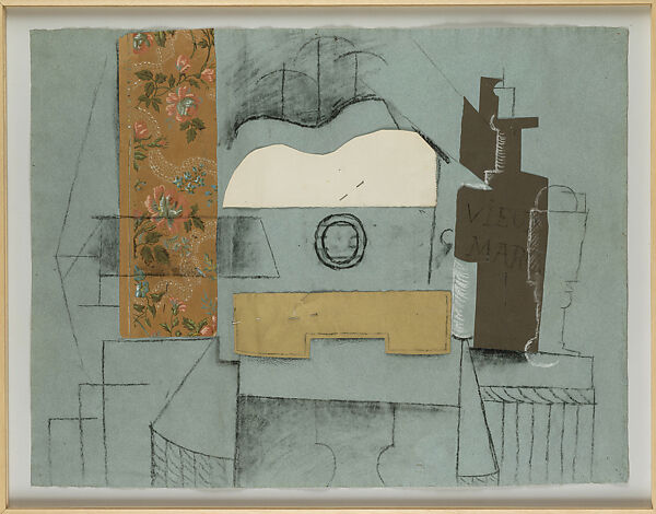 Guitar, Glass, Bottle of Vieux Marc, Pablo Picasso, Chalk, charcoal, cut-and-pasted printed wallpaper, laid and wove papers, and straight pins on blue laid paper