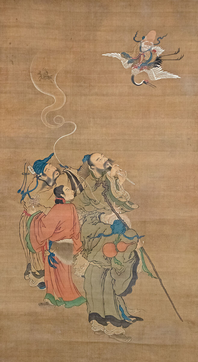 Eight Daoist Immortals Welcoming Jurōjin, Hanging scroll; ink and color on silk, Japan