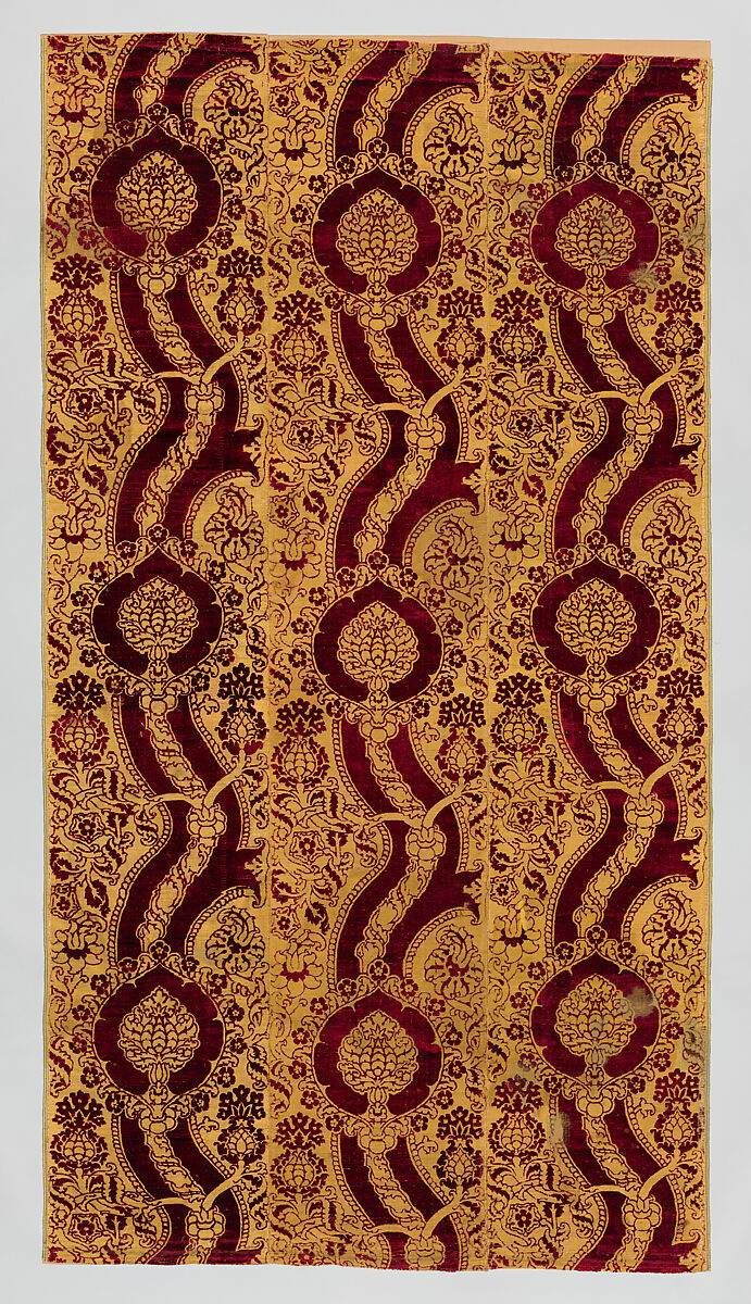 Furnishing Textile, Three loom widths of velvet cloth of gold with allucciolato effect and bouclé loops of gilded silver metal-wrapped threads