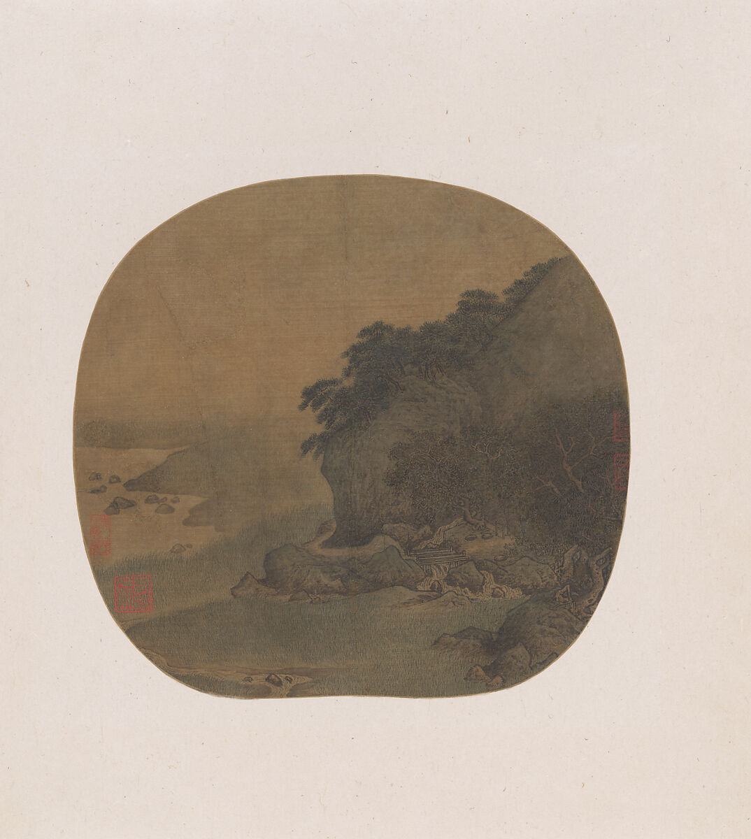 Hermitage by a pine-covered bluff, Yan Ciyu, Fan mounted as an album leaf; ink and color on silk, China