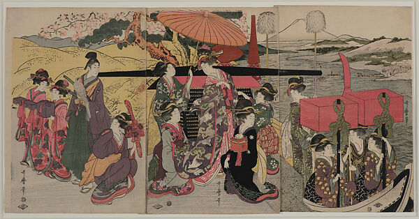 Procession of Women Crossing a River with a Young Falconer, Kitagawa Utamaro, Triptych of woodblock prints (nishiki-e); ink and color on paper; vertical ōban, Japan