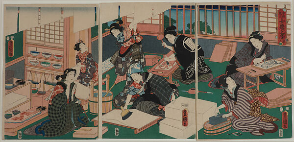 Beauties as Artisans in a Printer's Studio, “Artisans” (Shokunin), from the series An Up-to-Date Parody of the Four Classes (Imayō mitate shi-nō-kō-shō), Utagawa Kunisada, Triptych of woodblock prints (nishiki-e); ink and color on paper; vertical ōban, Japan