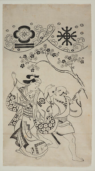 The Actors Matsumoto Hyōzō I as a Wakashu and Nakamura Denkurō I as a Samurai Retainer, Torii Kiyonobu I, Woodblock print (sumizuri-e); ink on two joined sheets of paper; vertical ō-ōban, Japan