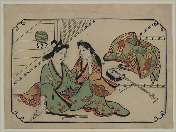 Female Entertainer with a Young Man, Hishikawa Moronobu 菱川師宣, Woodblock print (sumizuri-e); ink and hand-applied color on paper; horizontal ōban, Japan