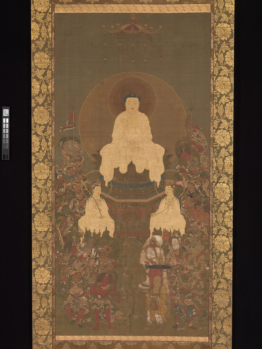 Shaka (Shakyamuni), the Historical Buddha, with Two Attendant Bodhisattvas and Sixteen Benevolent Deities, Unidentified artist, Hanging scroll; ink, color, gold, and cut gold on silk, Japan
