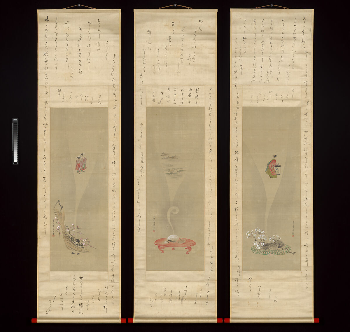 Shellfish and Apparitions of the Yoshiwara Pleasure Quarter, Chōbunsai Eishi, Triptych of hanging scrolls with inscribed mountings; painting: ink and color on silk; calligraphy: ink on silk mounting fabric, Japan