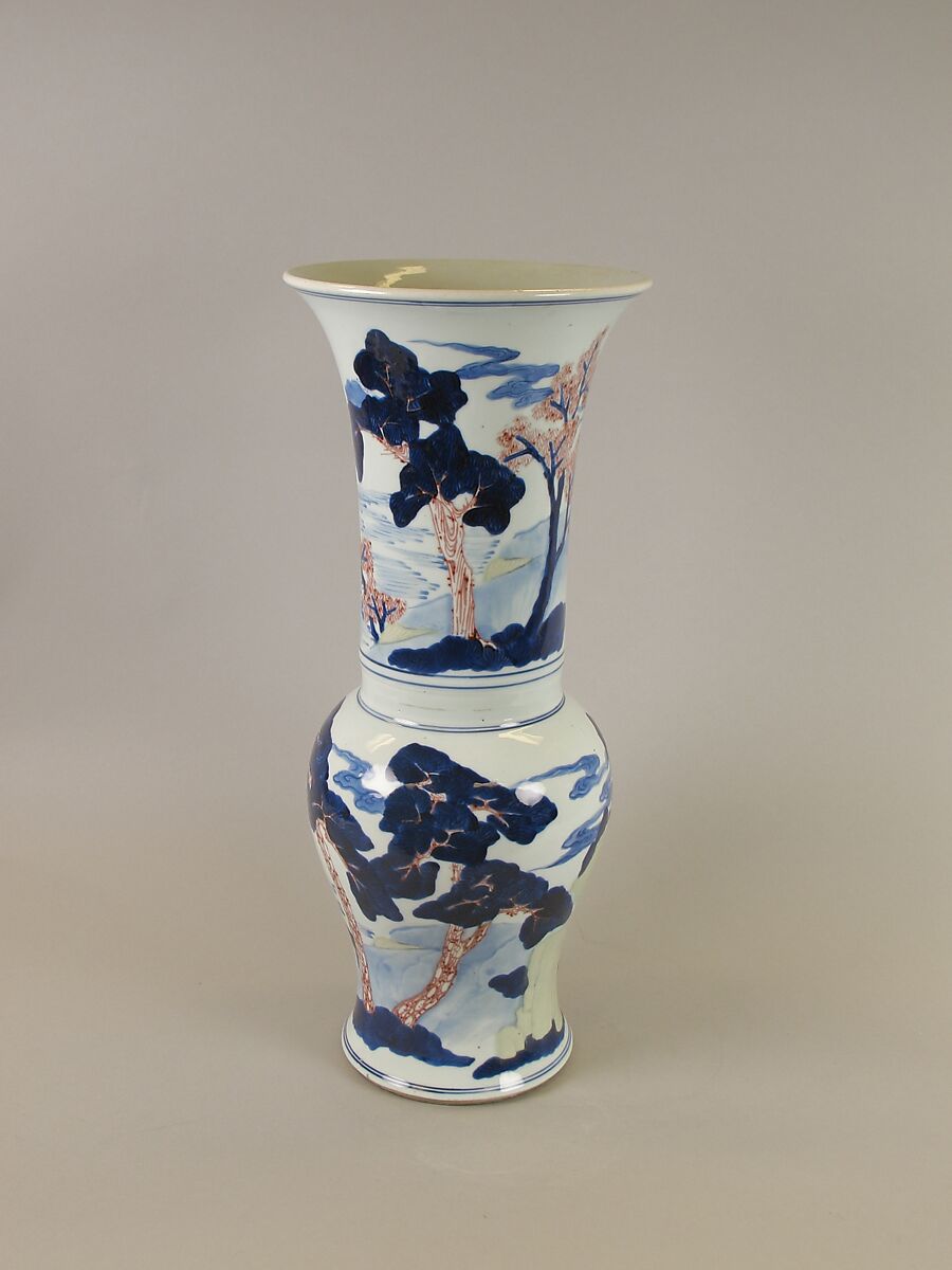 Vase with landscape, Porcelain painted in underglaze cobalt blue, copper red, and light green (Jingdezhen ware), China