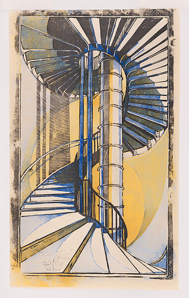 The Tube Staircase, Cyril E. Power, Linocut on Japanese paper