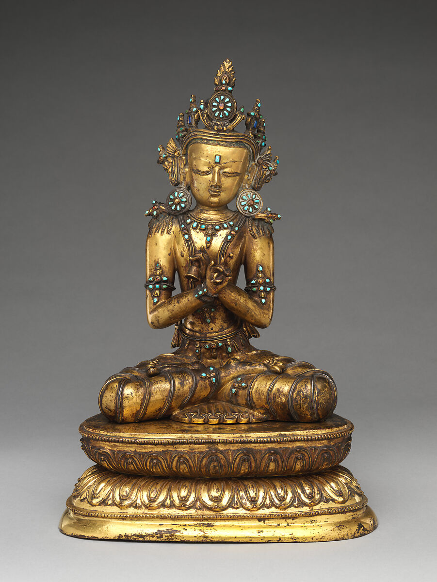 The Primordial Buddha Vajradhara, Gilt copper alloy with inlaid silver filaments, turquoise, and semiprecious stones, Tibet