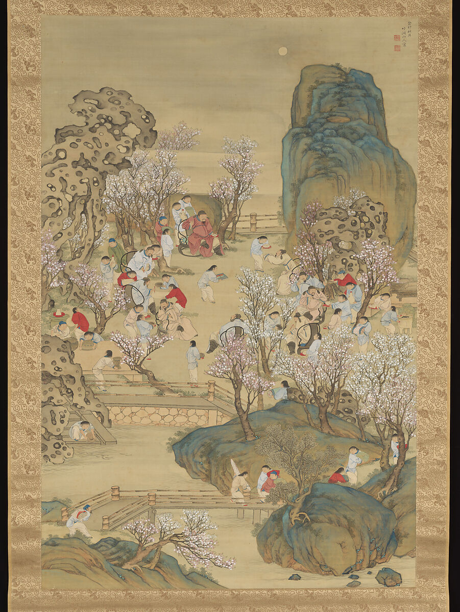 Fragrant Garden under a Hazy Moon, Nakabayashi Chikutō, Hanging scroll; ink and color on silk, Japan