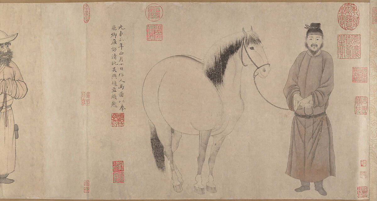 Grooms and horses, Zhao Mengfu, Handscroll; ink and color on paper, China