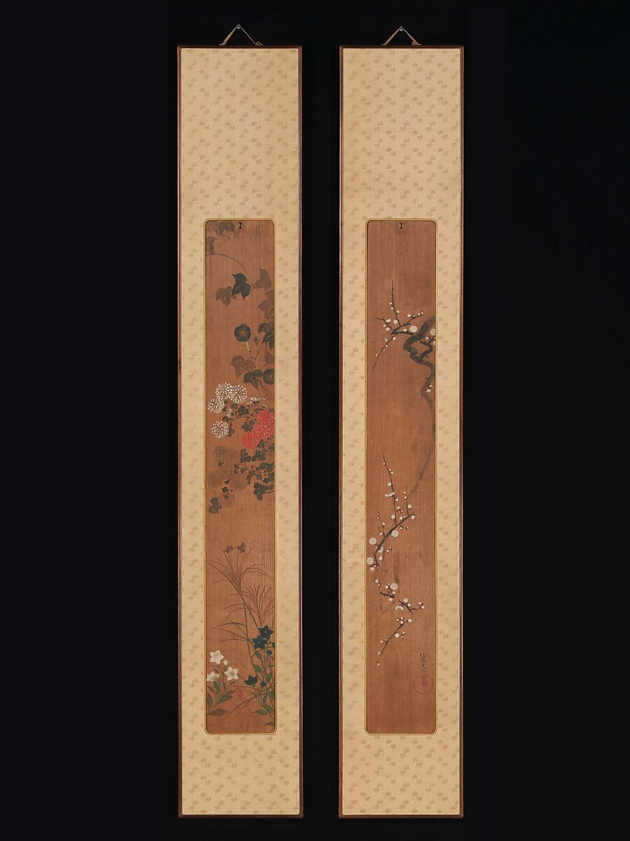 Flowers of Spring and Autumn, Ogata Kōrin, Pair of panels; ink and color on cryptomeria wood, Japan