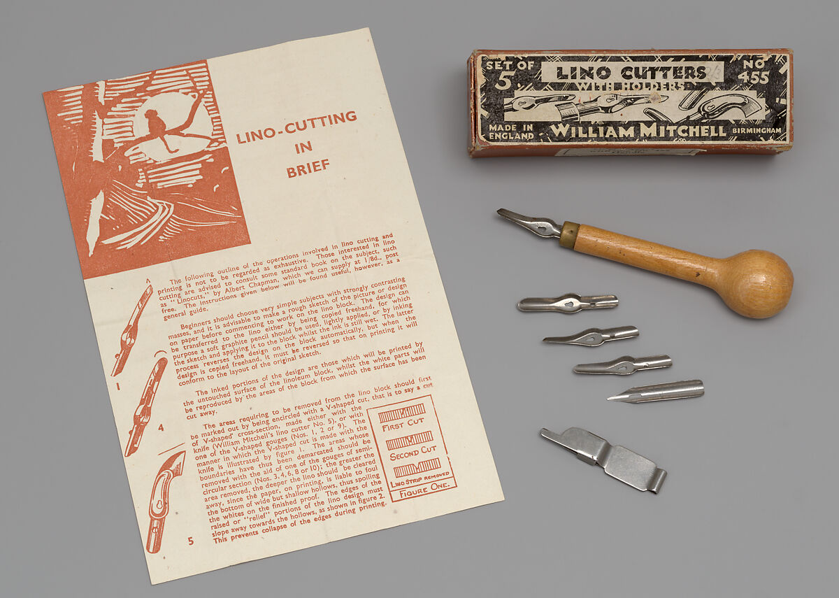 Tools accompanying The Art and Craft of Lino Cutting and Printing by Claude Flight, Claude Flight, Tools and printed paper