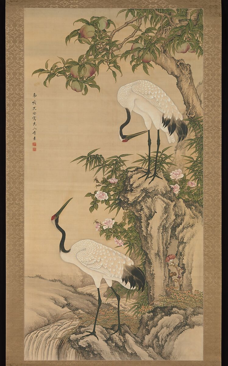 Cranes, peach tree, and China rose, Shen Quan, Hanging scroll; ink and color on silk, China