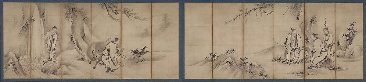 Chinese Sages, Kano Sanraku, Pair of six-panel folding screens; ink on paper, Japan