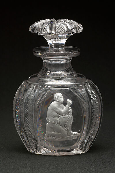 Cologne Bottle with Encrusted Antislavery Image, Apsley Pellatt, Blown and cut glass with encased sulphide