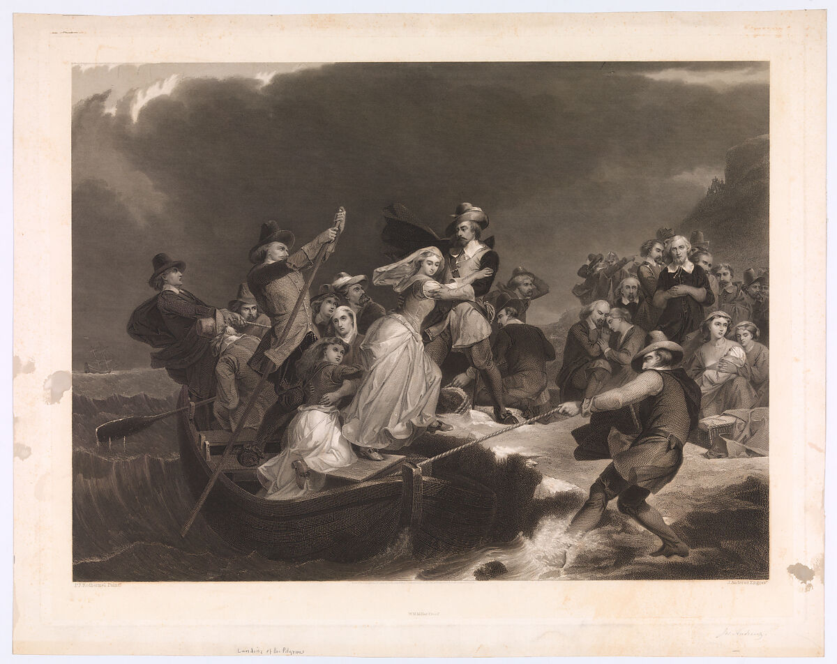 The Landing of the Pilgrims at Plymouth Rock, 1620, Joseph Andrews, Etching and engraving on steel; proof on chine collé