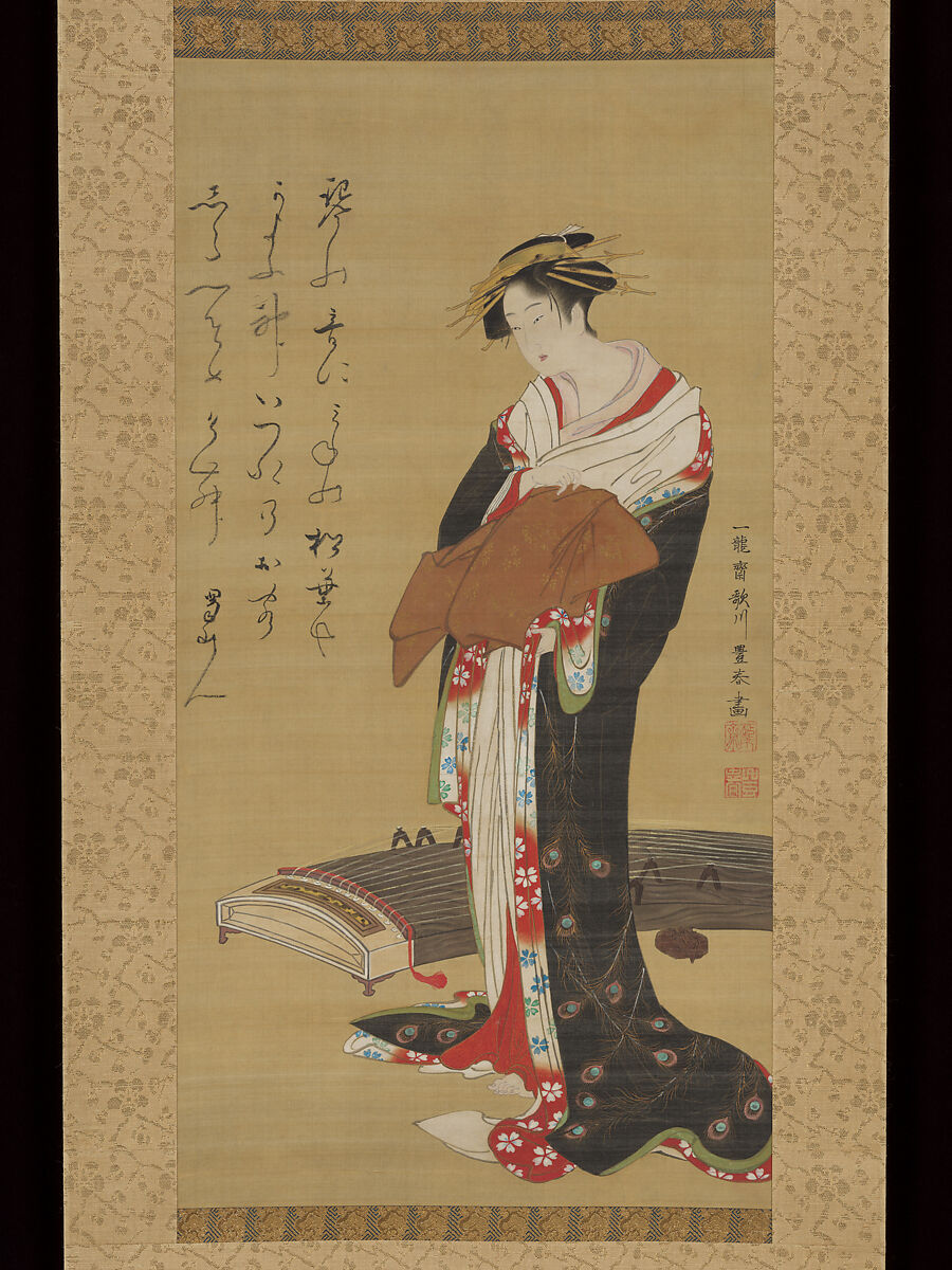 Female Entertainer with a Koto, Utagawa Toyoharu, Hanging scroll; ink and color on silk, Japan