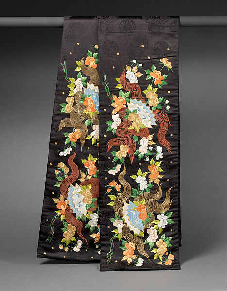 Obi with Peonies, Fans, and Dewdrops, Figured damask-weave silk with silk embroidery and couched gold thread, Japan