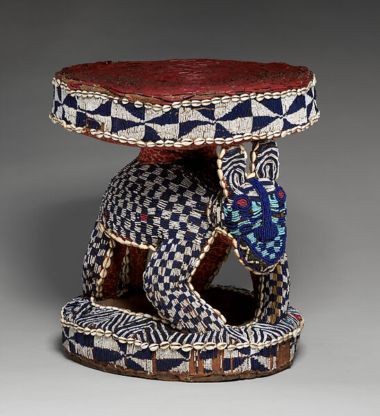 Prestige Stool: Leopard, Wood, glass beads, cowrie shells, burlap, printed cotton cloth, Bamileke or Bamum