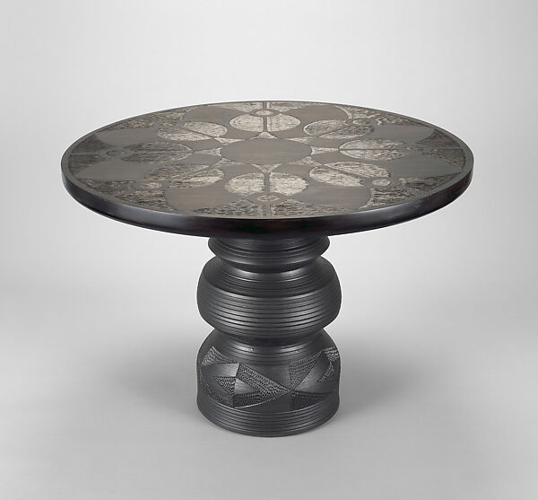 Imbizo Table, Chuma Maweni, Carved glazed ceramic, carved and ebonized Kiaat wood