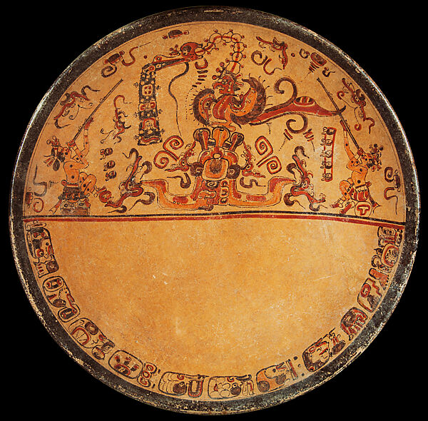 Plate with gods shooting blowguns, Ceramic, Maya