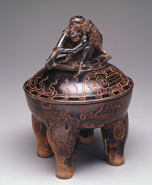 Lidded tetrapod bowl with paddler and peccaries, Ceramic, cinnabar, Maya