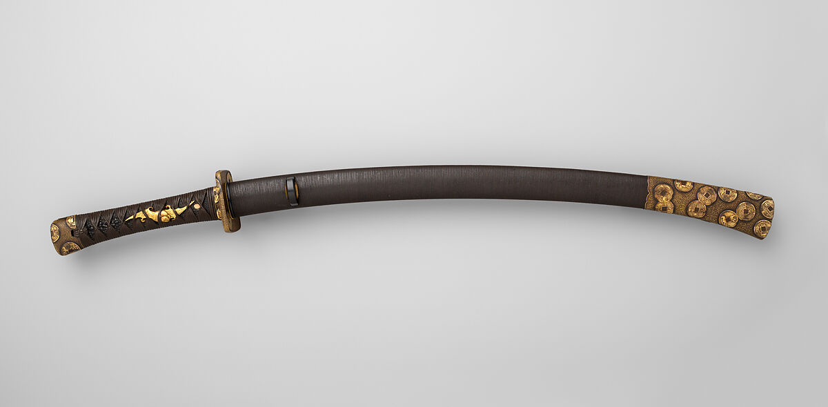 Blade and Mounting for a Short Sword (<i>Wakizashi</i>), Steel, wood, brass, lacquer, copper-gold alloy (<i>shakudō</i>), ray skin (<i>same</i>), silk, silver, Japanese